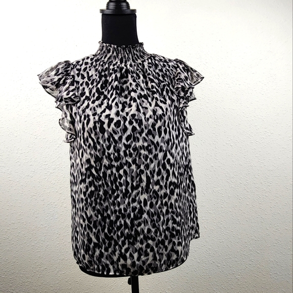 1. State Tops - 1. State Ruffle Sleeve Smocked High Neck Career Office Blouse Women's Size Small